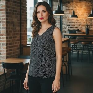 Chico's Navy Blue with White Polkadots V Neck Sleeveless Top